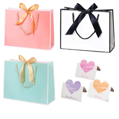 SULIUDAJI 3 Stück Geschenktüten Papiertüten Mit Schleifenbändern Mit 3 Grußkarten Geschenktaschen Mit Henkel Partytüten Bodenbeutel Kreuzbodenbeutel Für Geburtstag Hochzeit Feier Party von SULIUDAJI