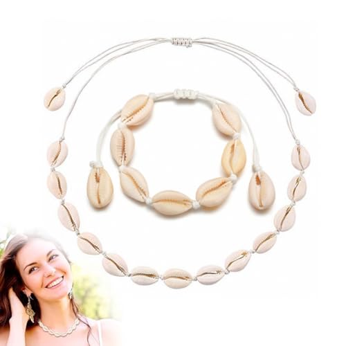 SULIUDAJI Pack Of 2 Shell Necklace Bracelet Set, Natural Shell Chains, Shell Anklet, Hawaiian Choker Necklace, Adjustable Bracelet For Women, Girls, Summer Beach Jewellery, Natural Shell von SULIUDAJI