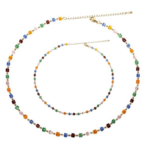 SULIUDAJI Perlenkette, Bunte Perlenkette, Kommt Mit Buntem Armband, Beaded Choker, Kubische Kristallkette Böhmische Perlenkette Für Strandparty Abschlussball Party Festival Accessoire Für Mädchen Und von SULIUDAJI