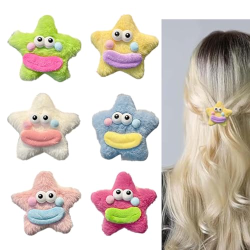 Stern-Haarspangen,6 Stück Wurstmund-Stern-Smiley-Gesicht-Plüsch-Haarspange Mädchen Sternen Haarspange Pentagramm Haarclips Haarklammer Haarschmuck in Star Hair Clips Accessoires für Frauen und Mädchen von SULIUDAJI