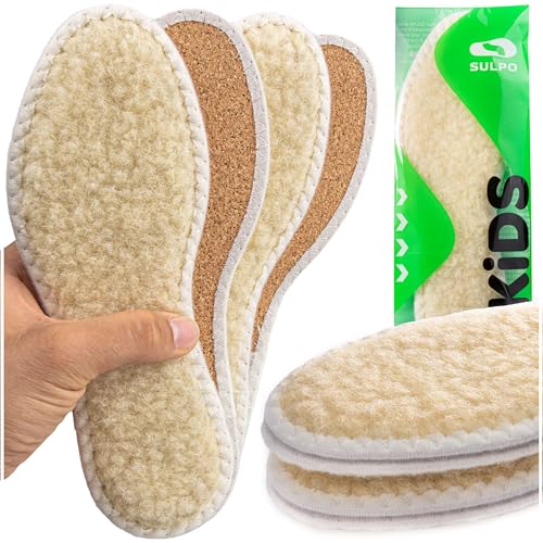 SULPO 2 Kinder Paare Winter-Einlagen - Weiche, warme Einlagen aus 2% echter Schafwolle - Exzellente Stoßdämpfung dank natürlichem Kork - Dicke Thermo-Einlegesohlen mit Verstärkung von SULPO