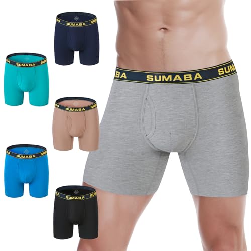 SUMABA Herren-Unterwäsche mit langem Bein, Boxershorts mit Tasche, kein Hochrutschen, Bambus-Unterhose für Herren, atmungsaktiv, 6er-Pack, 03, Large von SUMABA