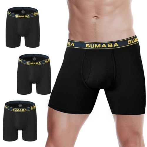 SUMABA Lange Bein-Herren-Unterwäsche, Boxershorts, Fliegen mit Tasche, kein Hochrutschen, Bambus-Unterhose für Männer, atmungsaktiv - Schwarz - Large von SUMABA