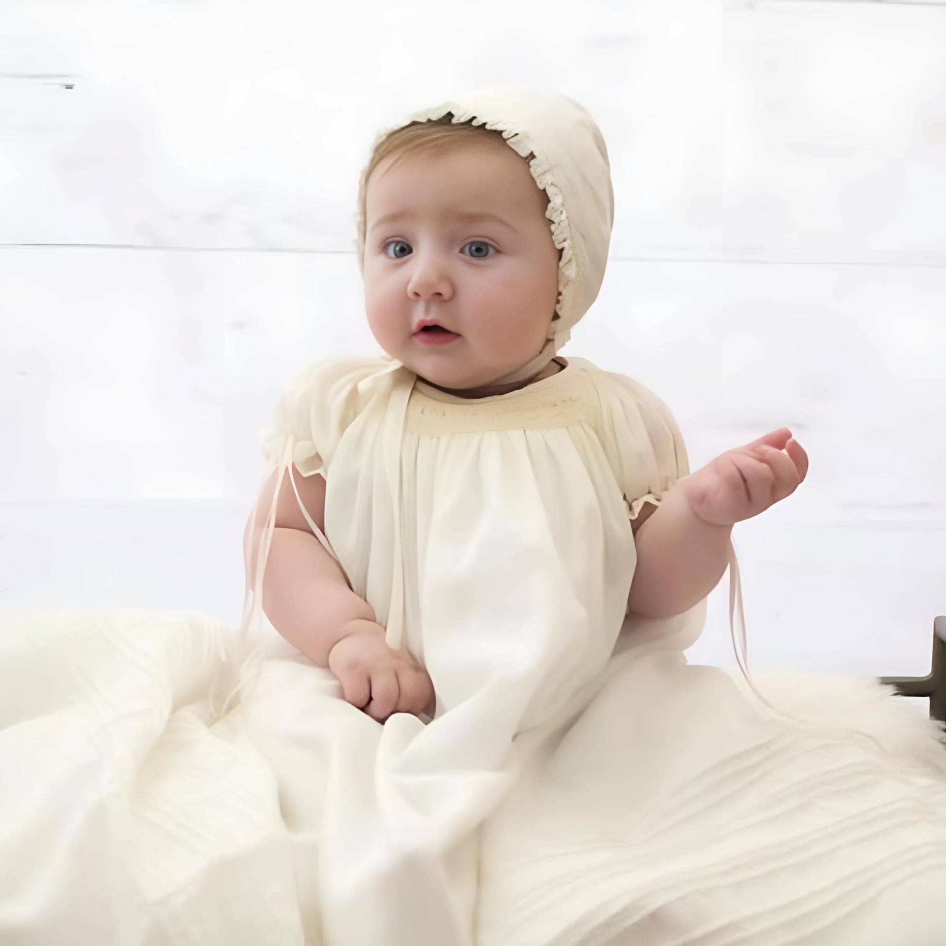 Baby-Taufkleid Für Mädchen, Elfenbeinfarben - Handgesmokte Baumwolle + Passende Mütze Pumphose Neugeborenes Bis 18 Monate Gratis Personalisierung von SUMACLOTHING