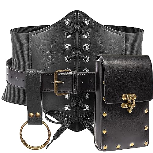 Damen Korsett Gürtel Gürteltasche Hüfttasche Bauchtasche Handyhalter Mittelalter Renaissance Kostüm Zubehör, Schwarz, L-Waist/32"-43", Ren Faire von SUMGOGO