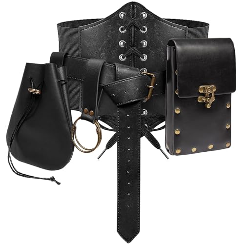 SUMGOGO Damen Korsett Gürteltasche Hüfttasche Bauchtasche Handyhalter Münzbörse Rock Wanderungen Schlaufe Haken Mittelalter Renaissance Kostüm Sets, Schwarz, S-Waist/25.6''-34'', Gürtel von SUMGOGO