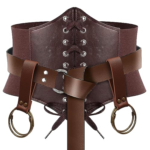 SUMGOGO 4 Pcs Korsett Bund Mittelalter Leder Gürtel Becher Halter Strap Rock Wanderungen Renaissance Faire Cosplay Kostüm Zubehör, Braun, S-Waist/25.6"-34" von SUMGOGO