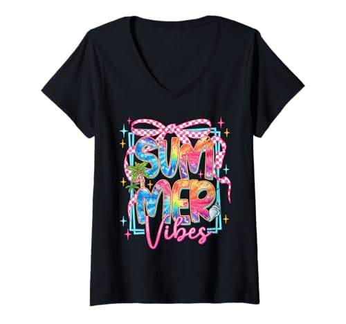 Damen Summer Vibes Kokettenschleife Summer Time Beach Vibes Batikfarbe T-Shirt mit V-Ausschnitt von SUMMER TEES CO