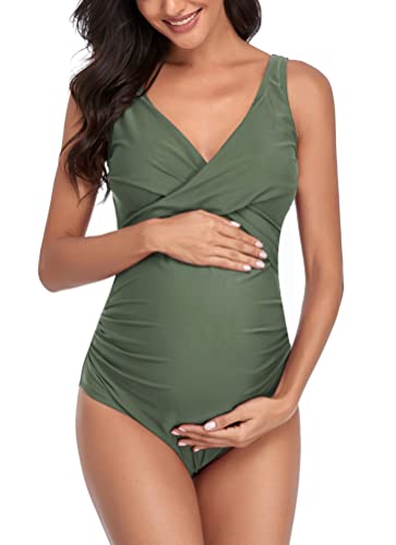 SUMMERSUNSHINE Umstands-Badeanzug, Einteiler, Bademode, vorne gekreuzt, Schwangerschaft, Badeanzug, Umstands-Bikini, Grün (Army Green), L von SUMMERSUNSHINE