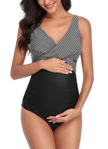 SUMMERSUNSHINE Umstands-Badeanzug, Einteiler, Bademode, vorne gekreuzt, Schwangerschaft, Badeanzug, Umstands-Bikini, Schwarze Streifen, M von SUMMERSUNSHINE