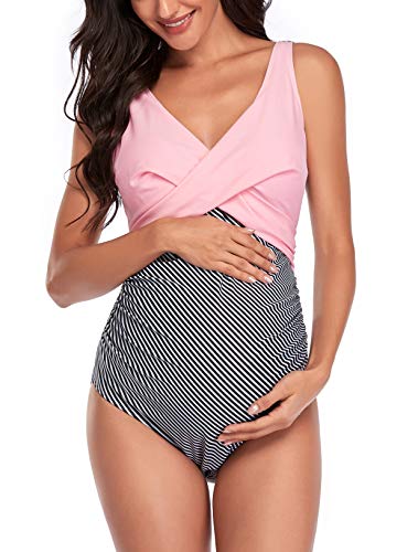 SUMMERSUNSHINE Umstands-Badeanzug, Einteiler, Bademode, vorne gekreuzt, Schwangerschaft, Badeanzug, Umstands-Bikini, Rosa Streifen, L von SUMMERSUNSHINE