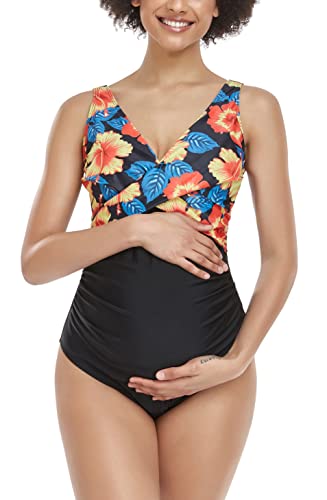 SUMMERSUNSHINE Umstands-Badeanzug, Einteiler, Bademode, vorne gekreuzt, Schwangerschaft, Badeanzug, Umstands-Bikini, Gelb mit Blumenmuster und Schwarz, Medium von SUMMERSUNSHINE