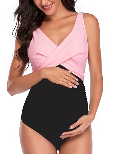 SUMMERSUNSHINE Umstands-Badeanzug, Einteiler, Bademode, vorne gekreuzt, Schwangerschaft, Badeanzug, Umstands-Bikini, Rosa,Schwarz, XXL von SUMMERSUNSHINE