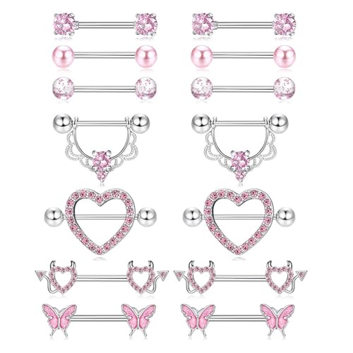 7Pairs Nippel Piercing Schmuck Silber Pfirsich Kubikzirkonia Herz Bowknot Design Ringe Schmücken Frauen Chirurgische Stahlstangen von SUMMITDRAGON