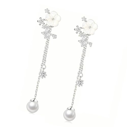 Delicate Blumendesign Dangle Ohrringe Mit Simulierten Perlenkette Brautschmuck Glänzend Gold Oder Silber Finish Glänzend Modeschmuck Leichte Ohrringe von SUMMITDRAGON