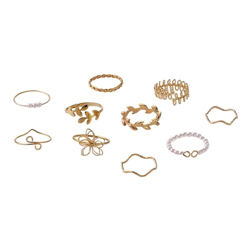 SUMMITDRAGON 10pcs Empfindliche Blumenmuster Legierungsringe Set Blattrebe Imitation Perlen Accessoire Für Mädchen Und Reife Damen Elegante Legierung von SUMMITDRAGON