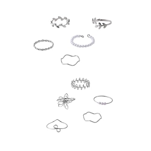 SUMMITDRAGON 10pcs Empfindliche Blumenmuster Legierungsringe Set Blattrebe Imitation Perlen Accessoire Für Mädchen Und Reife Damen Elegante Legierung von SUMMITDRAGON
