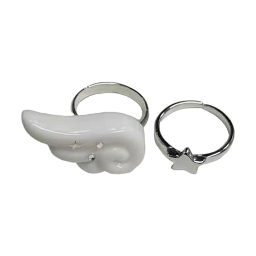 SUMMITDRAGON 2pcs Star Und Engelsflügel Verstellbare Ringe Bequeme Verschleiß Robuster Plastikschmuck Für Frauen Modegeschenke Star Und Engelsflügelringe Set Set von SUMMITDRAGON