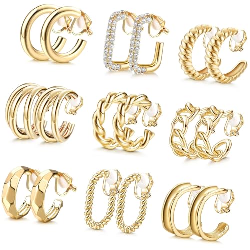 SUMMITDRAGON 9pair Eleganter Clip Auf Ohrringen Gold Plattiert Dumpy Hoop Styles Ohrclip Accessoire Für Frauen Bequeme Verschleiß von SUMMITDRAGON
