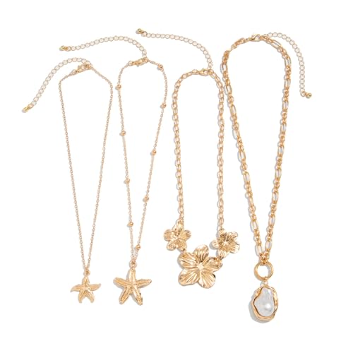 SUMMITDRAGON Coastal Inspirierte Perlen Sternenfische Halskette Set Stapelbare Goldketten Hot Day Schmuck Schlüsselbeinkette Für Lässiges Styling Gold Stapelbarer Perlen Chokers Kette Halskette von SUMMITDRAGON