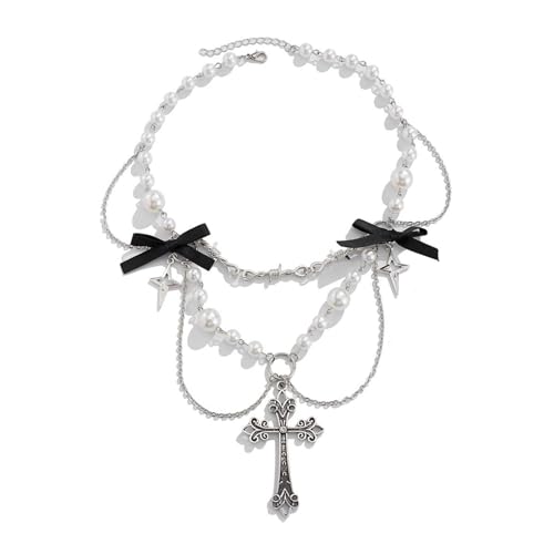 SUMMITDRAGON Einzigartige Punk Bowknot Halskette Edgy Metal Crosses Halskette Mit Fransen Und Perlen Verzierungen Für Trendige Outfits Einzigartige Designs von SUMMITDRAGON