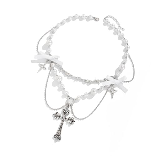 SUMMITDRAGON Einzigartige Punk Bowknot Halskette Edgy Metal Crosses Halskette Mit Fransen Und Perlen Verzierungen Für Trendige Outfits Einzigartige Designs von SUMMITDRAGON