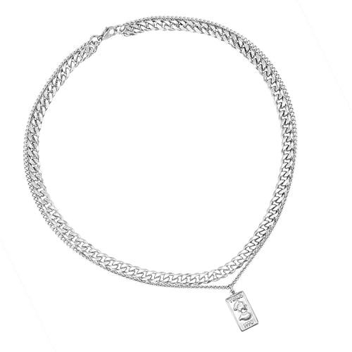 SUMMITDRAGON Herren Doppelt Geschichtete Kette Halskette Punk Silber Rechteckige Anhänger Halskette Mit Kubanischer Verknüpfungskette Für Mode Männer Box von SUMMITDRAGON