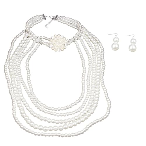 SUMMITDRAGON Mehrschichtige Stränge Schmuckset Faux Pearls Halskette Ohrringe Mehrschichtiger Lätzchenkragen Langkettiger Choker Für Frauen Brautparty Schmuck von SUMMITDRAGON