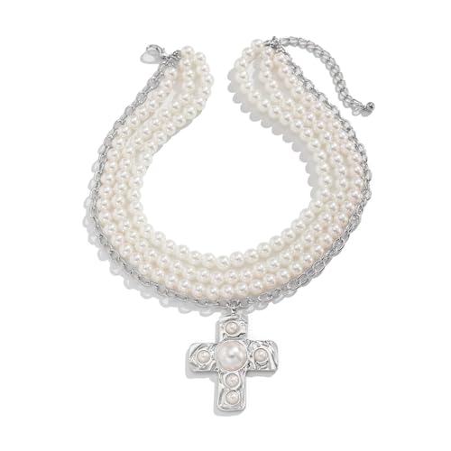 SUMMITDRAGON Mode Frauen Chunkies Gold Kreuzt Halskette Mit Schicht Perlen Choker Und Statement Stücke Anhänger Stilvolle Outfits Alltag Halskette von SUMMITDRAGON