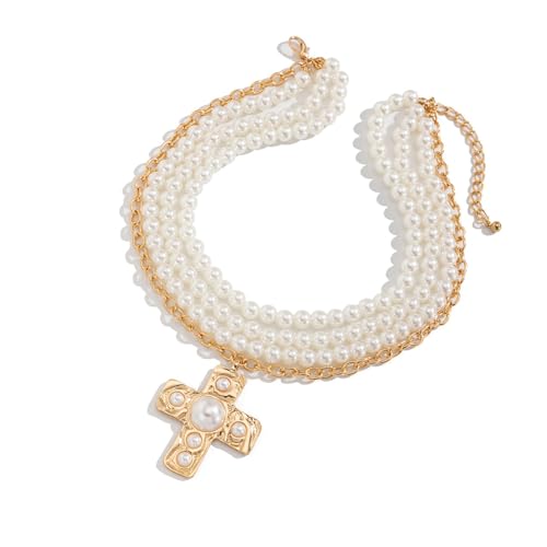SUMMITDRAGON Mode Frauen Chunkies Gold Kreuzt Halskette Mit Schicht Perlen Choker Und Statement Stücke Anhänger Stilvolle Outfits Alltag Halskette von SUMMITDRAGON