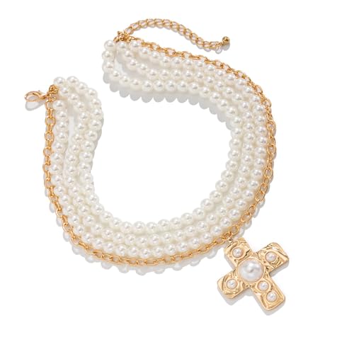 SUMMITDRAGON Mode Multi Layer Halskette Mit Kunstperlen Kruzifix Anhänger Neckchain Handmade Choker Einzigartiger Modeschmuck Alltag Halskette von SUMMITDRAGON