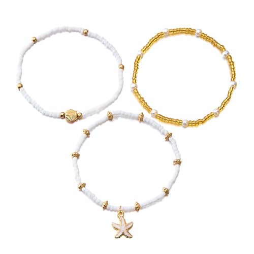 SUMMITDRAGON Mode Natural Shell Perlen Elastic Schmuck Triple Wear Halskette Handgelenk Knöchel Dekoration Küstenstile Verwenden Ozeanikschmuck Für Frauen von SUMMITDRAGON