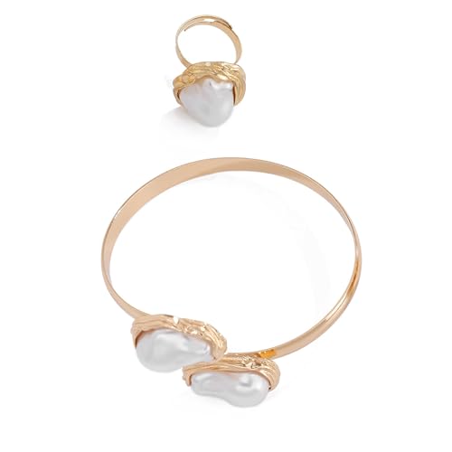 SUMMITDRAGON Mode Unregelmäßige Imitation Perlenringe Und Armband In Französisch Baroques Designs Schmuckzubehör Für Damen Retro Stilringe von SUMMITDRAGON