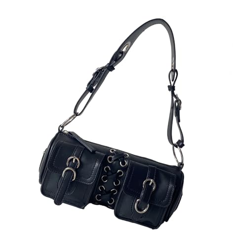 SUMMITDRAGON Moderne Handtasche PU Leder Shoudler Taschen Trendy Zylinder Unterarmtasche Mit Praktischen Doppeltaschen Für Den Täglichen Gebrauch Kantigem Motorradstil von SUMMITDRAGON