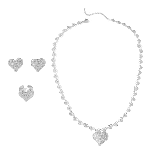SUMMITDRAGON Retro Sandstein Textur Unregelmäßiger Herzschmuckset Einschließlich Ohrringen Ringe Halskette Für Modische Frauen Damen Unregelmäßige Herzkette von SUMMITDRAGON