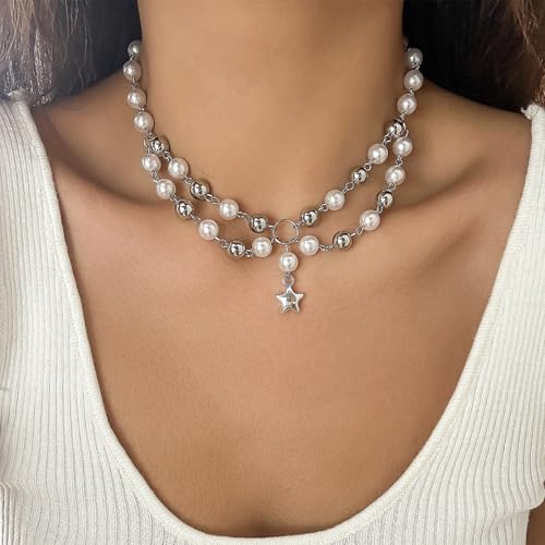 SUMMITDRAGON Trendy Multilayer Stern Anhänger Halskette Verstellbare Schlüsselbeinkette Imitation Perlen Schmuck Für Party Outfits Vielseitige Länge Verstellbare Krawatte von SUMMITDRAGON