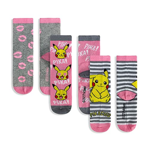 SUN CITY Pikachu Lange Socken 3 Paar für Mädchen aus Baumwollgarn bedruckt 4832, mehrfarbig, 27-30 von SUN CITY