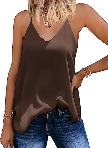 SUNAELIA Chiffon Cami V-Ausschnitt Tank Tops für Frauen Loose Fit Flowy Spaghetti Strap Camisole Sommer Casual Ärmellose Shirts, Braun, XX-Large von SUNAELIA