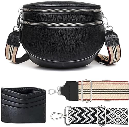 Bauchtasche Damen Leder Brusttasche Damen Klein Gürteltasche Stylisch Crossbody Bag Damen Breiter Gurt Umhängetasche Elegant Moderne Taschen für jeden Anlass (Schwarz) von SUNAVY