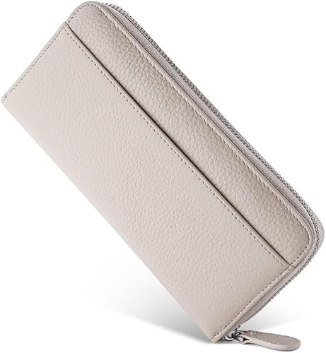 Geldbörse Damen Gross Portemonnaie Leder Geldbeutel Damen mit RFID Schutz Geldtasche mit Reißverschluss und Viele Fächer (Beige) von SUNAVY