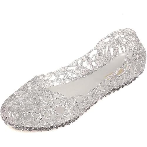SUNAVY Damen Hohl Flach Gelee Sandalen Bird-Nest Ballett Weich Plastik Schuh,39 EU, Silber von SUNAVY