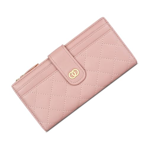 SUNAVY Geldbörse Damen Gross mit 15 Kartenfächer, Portemonnaie Damen Gross Münztasche mit Reißverschluss, Geldbeutel Damen Groß Rhombus Stickerei (Rosa) von SUNAVY