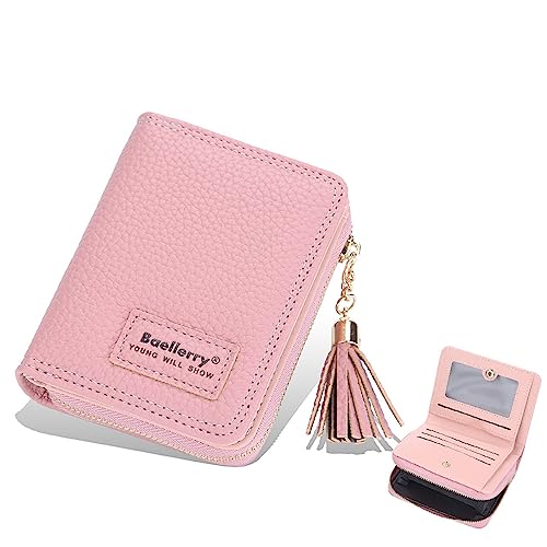 SUNAVY Geldbörse Damen Klein, Portemonnaie Damen Klein mit Viele Fächer und Reißverschluss, Geldbeutel Klein Damen PU Leder, Kreditkartenetui für Damen (Rosa) von SUNAVY