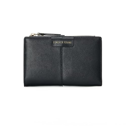 SUNAVY Geldbörse Damen Klein Stylisch Bifold Portemonnaie mit Viele Fächer Kunstleder Geldtasche mit 10 Kartenfächern Geldbeutel Klein und im Kurzformat (Schwarz) von SUNAVY