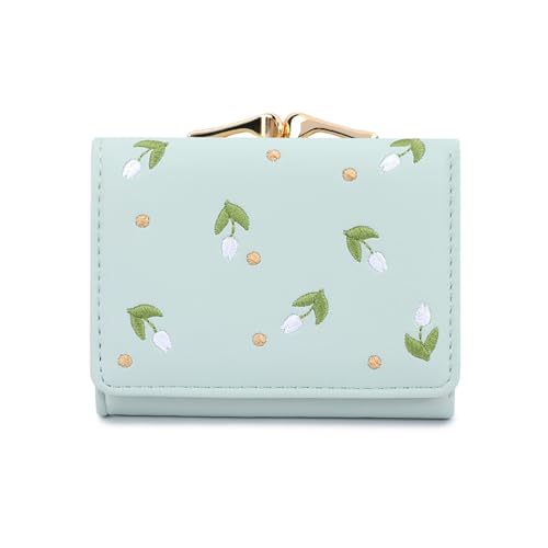 SUNAVY Kleine Geldbörse Damen PU Leder Geldbeutel Klein Damen Niedliche Brieftasche Portemonnaie Damen Klein Viele Fächer, Portmonee Damen mit 7 Kartenfächer und Münzfach (Grün) von SUNAVY