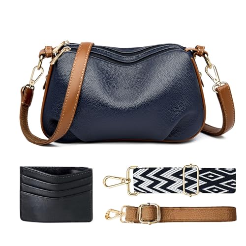 SUNAVY Kleine Umhängetasche Damen PU Leder Crossbody Bag Damen Breiter Gurt Handtasche Umhängetasche Klein Moderne Taschen mit Kreditkartenfach und 2 Schultergurten (Blau) von SUNAVY