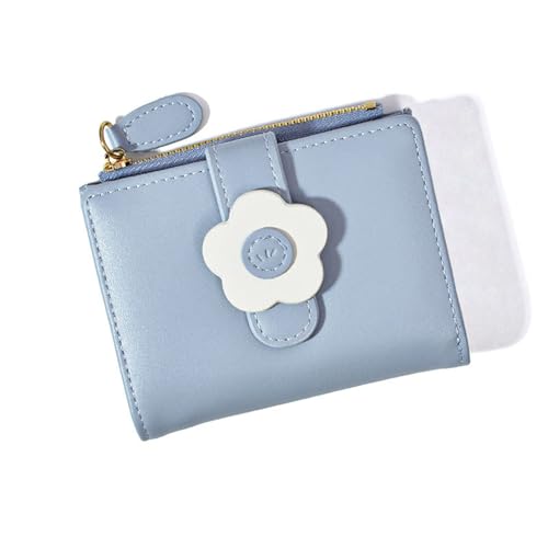 SUNAVY Kleines Portemonnaie Damen PU Leder Bifold Geldbörse Damen Klein und im Kurzformat Kawaii Cute Portmonee Damen Viele Fächer Geldbeutel Damen Klein Reißverschluss Münzfach (Blau) von SUNAVY