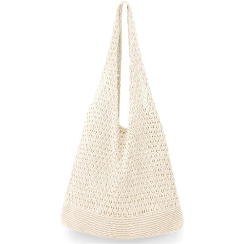 SUNAVY Umhängetasche Damen Gehäkelte Handtasche Groß Tote Bag Stricktasche Schultertaschen Gestrickte Shopper Tasche Häkeltasche Strandtasche Handtasche Damen Umhängetasche für Alltag (Beige 1) von SUNAVY