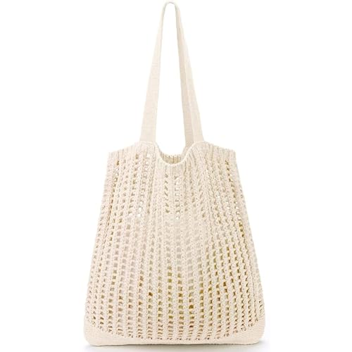 SUNAVY Umhängetasche Damen Gehäkelte Handtasche Groß Tote Bag Stricktasche Schultertaschen Gestrickte Shopper Tasche Häkeltasche Strandtasche Handtasche Damen Umhängetasche für Alltag (Beige 2) von SUNAVY