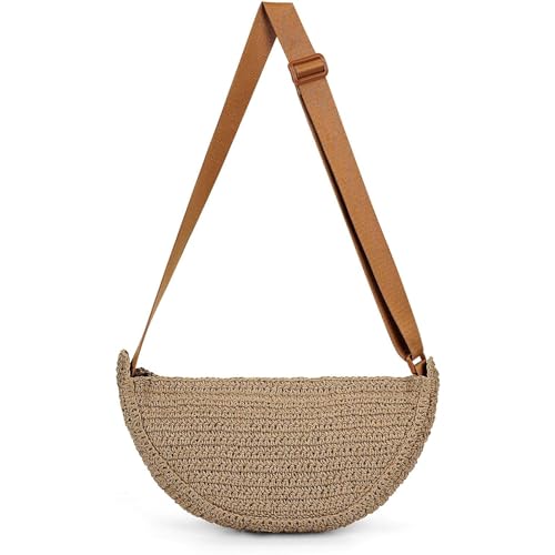 Strohtasche Damen Stroh Umhängetasche, Korbtasche Geflochtene Crossbody Bag Sommer Basttasche Groß Gewebte Strandtasche Straw Bag Schultertasche (Braun) von SUNAVY